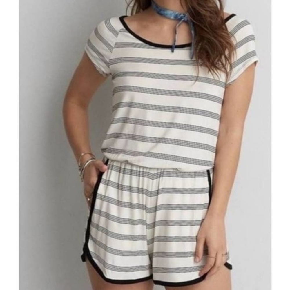 American Eagle Striped Short Sleeve Stretch Knit Romper